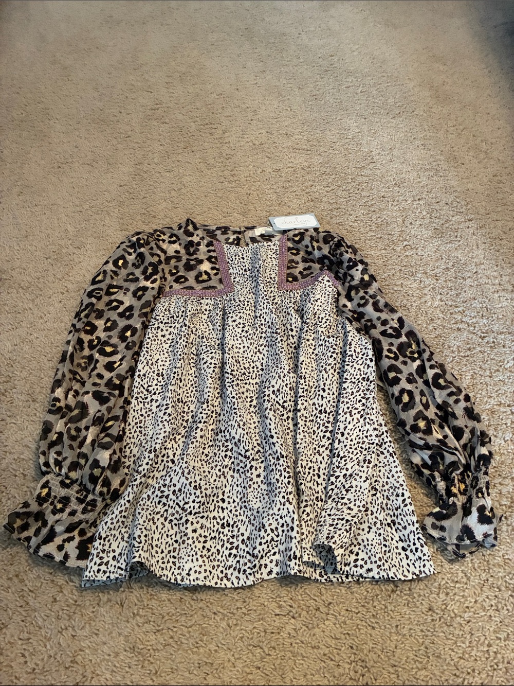 Entro Cream & Taupe Leopard Peasant Blouse (size small)